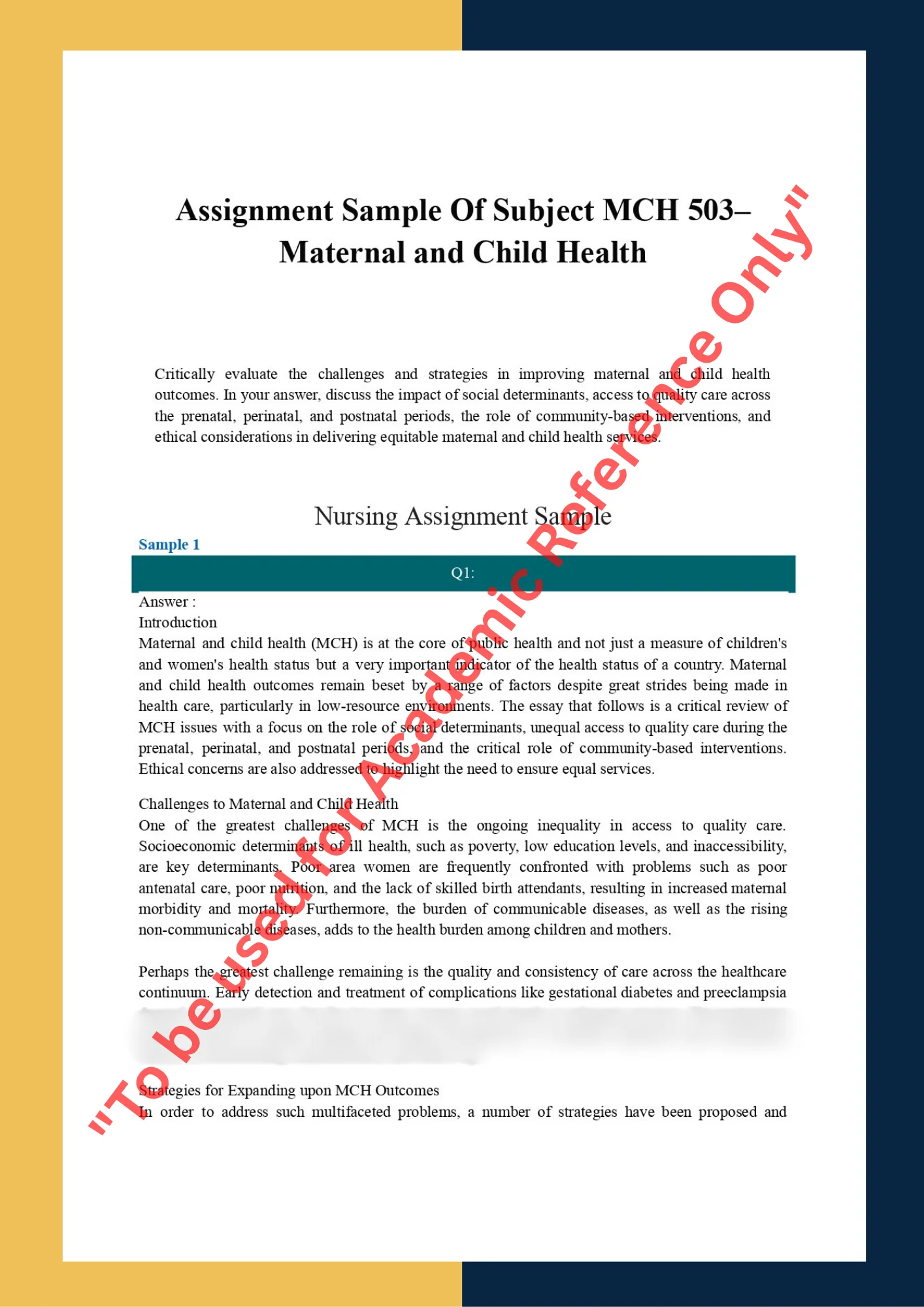 Assignment Sample Of Subject MCH 503– Maternal and Child Health 0